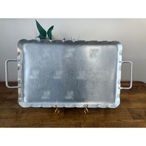 Vintage Hammered Aluminum Pinecone Serving Tray Handles Canadiana Cottage Decor